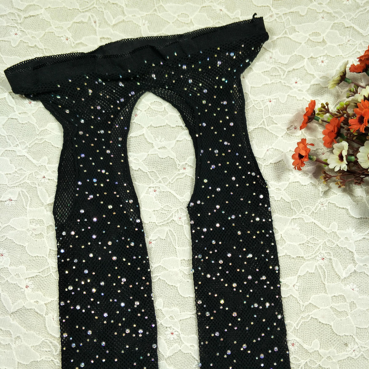 Sexy Mesh Stockings Drilling Four-Side Open Fishnet Stockings Mesh Stockings Pantyhose Thin Rhinestone Lingerie