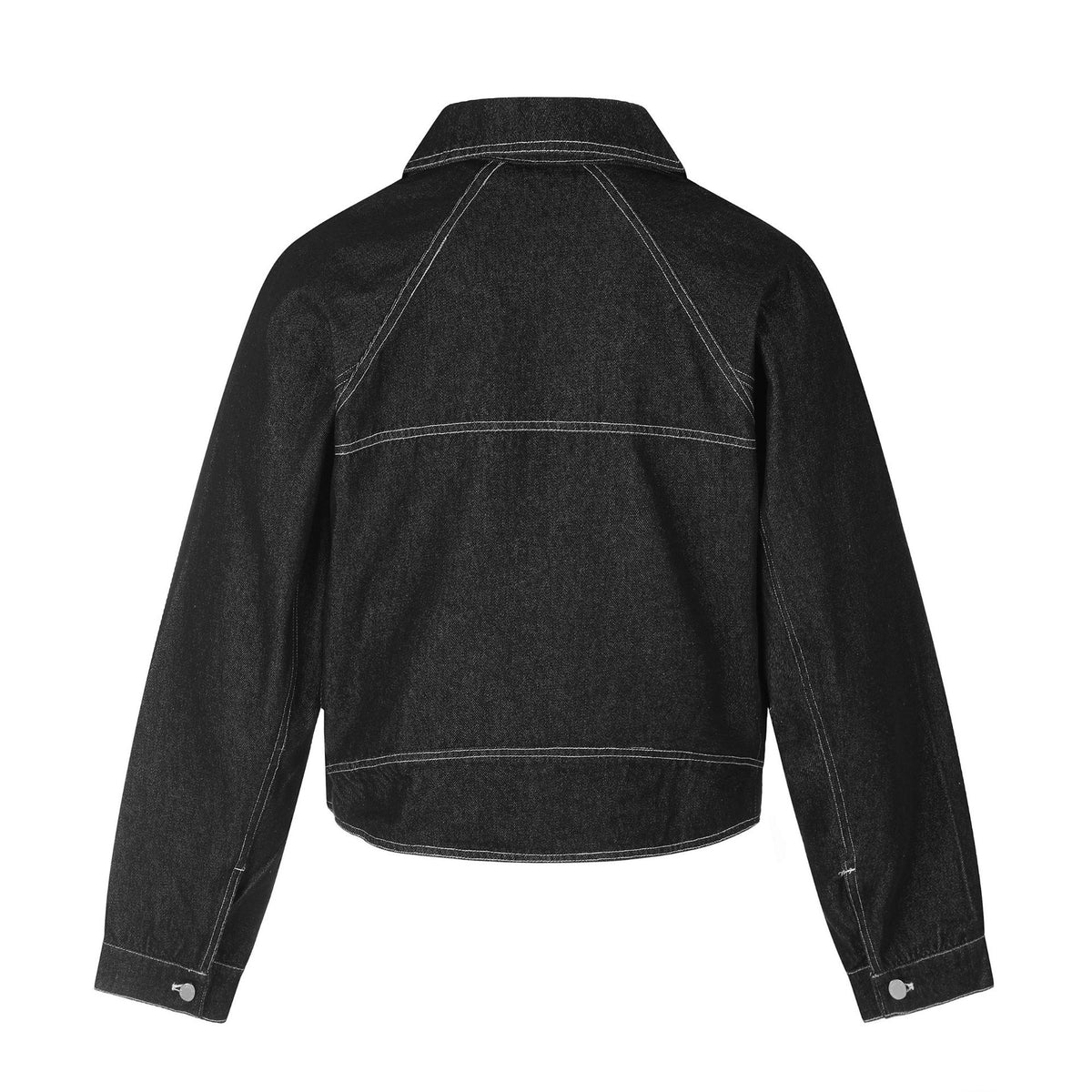 Contrast Stitching Multi-Button Lapel Collar Cropped Curved Hem Black Denim Jacket