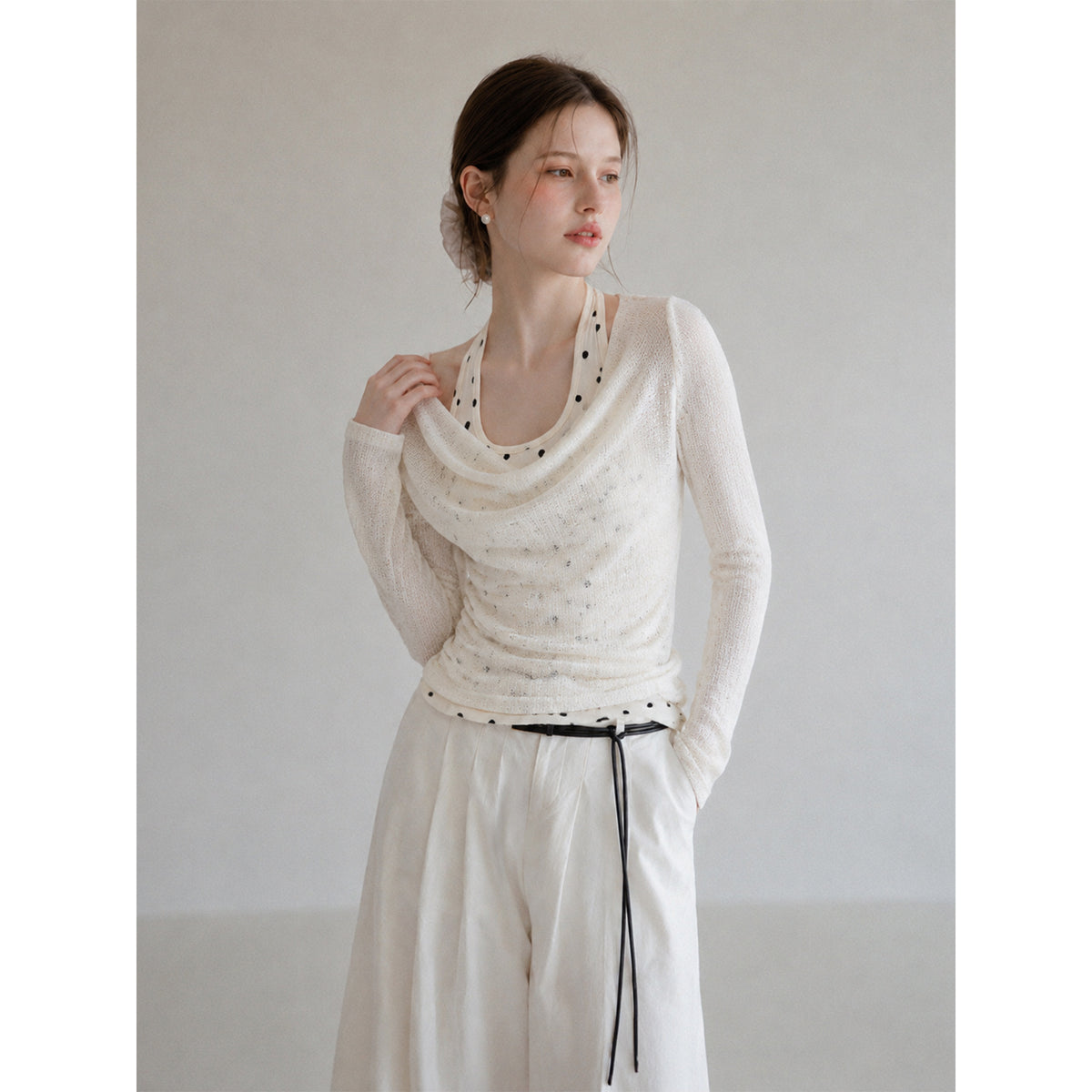 Polka Dot Long Sleeve Halter Cowl Neck Women's Top