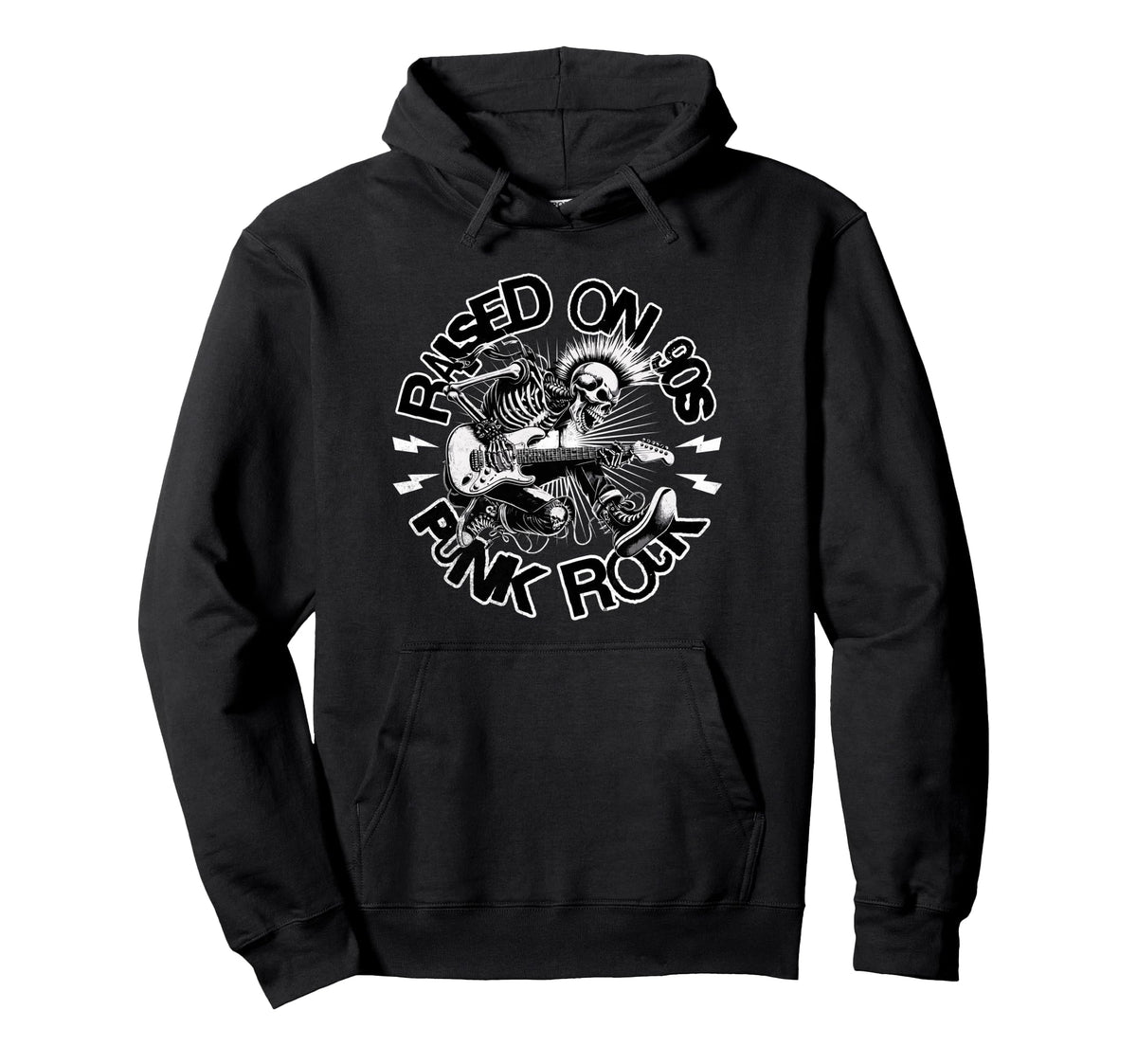 Raised 90S Rock Skeleton Guitar Punk Hoodie - Custom Art Print for Adults