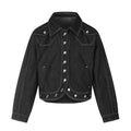 Contrast Stitching Multi-Button Lapel Collar Cropped Curved Hem Black Denim Jacket