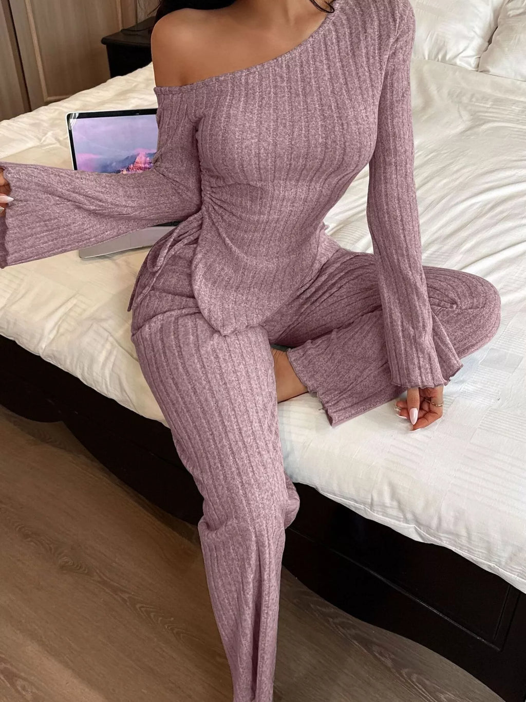 One-Shoulder Ribbed Knit Top and Pants Set – Isla Intimates