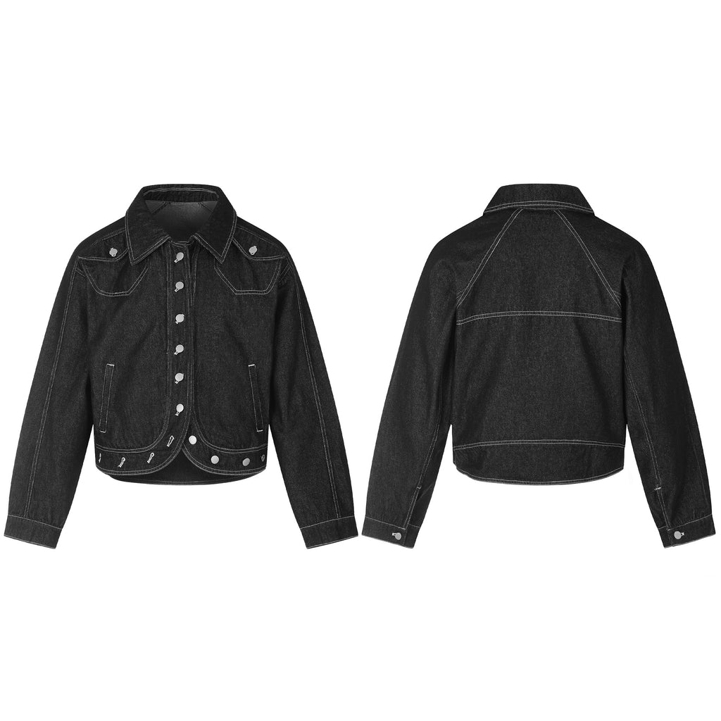 Contrast Stitching Multi-Button Lapel Collar Cropped Curved Hem Black Denim Jacket