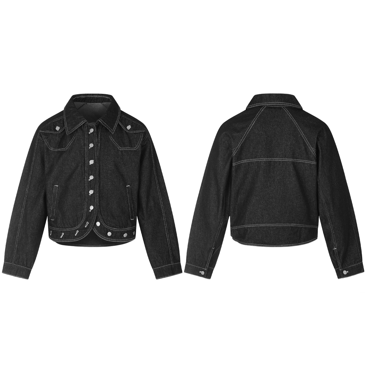 Contrast Stitching Multi-Button Lapel Collar Cropped Curved Hem Black Denim Jacket