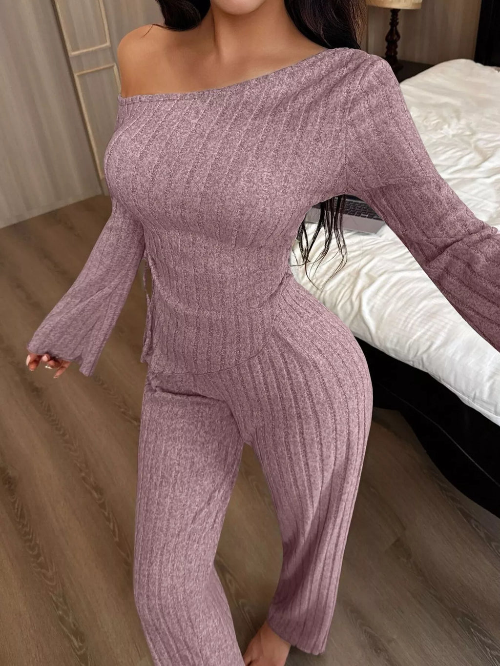 One-Shoulder Ribbed Knit Top and Pants Set – Isla Intimates