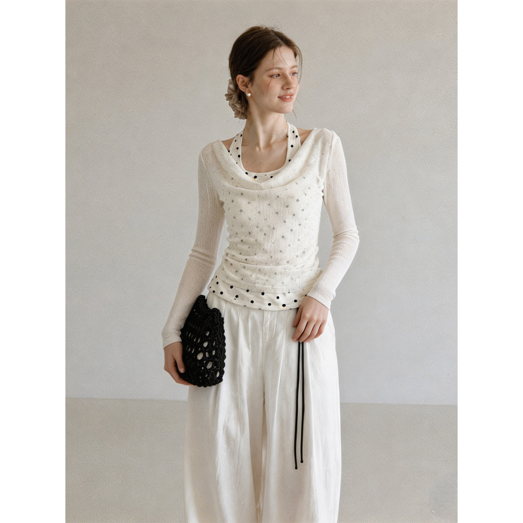 Polka Dot Long Sleeve Halter Cowl Neck Women's Top