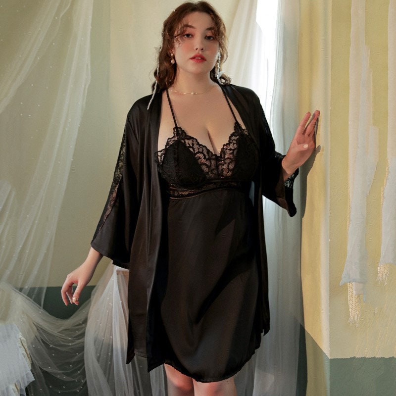 Luxurious Lace Satin Bridal Lingerie Set with Nightgown & Robe - 7 Colors Next Day Shipping