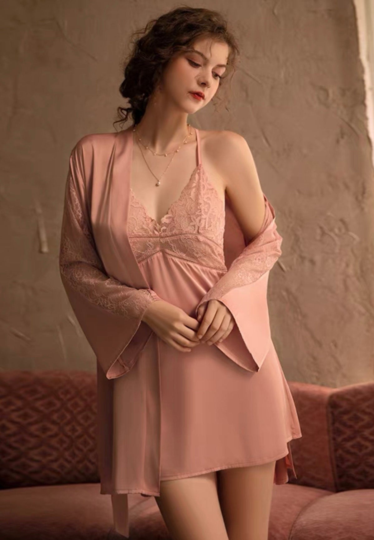 Plus Size Lace Satin Bridal Lingerie Robe Set