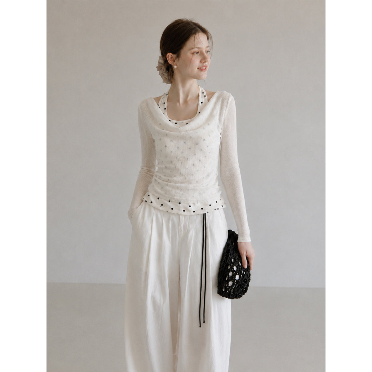Polka Dot Long Sleeve Halter Cowl Neck Women's Top