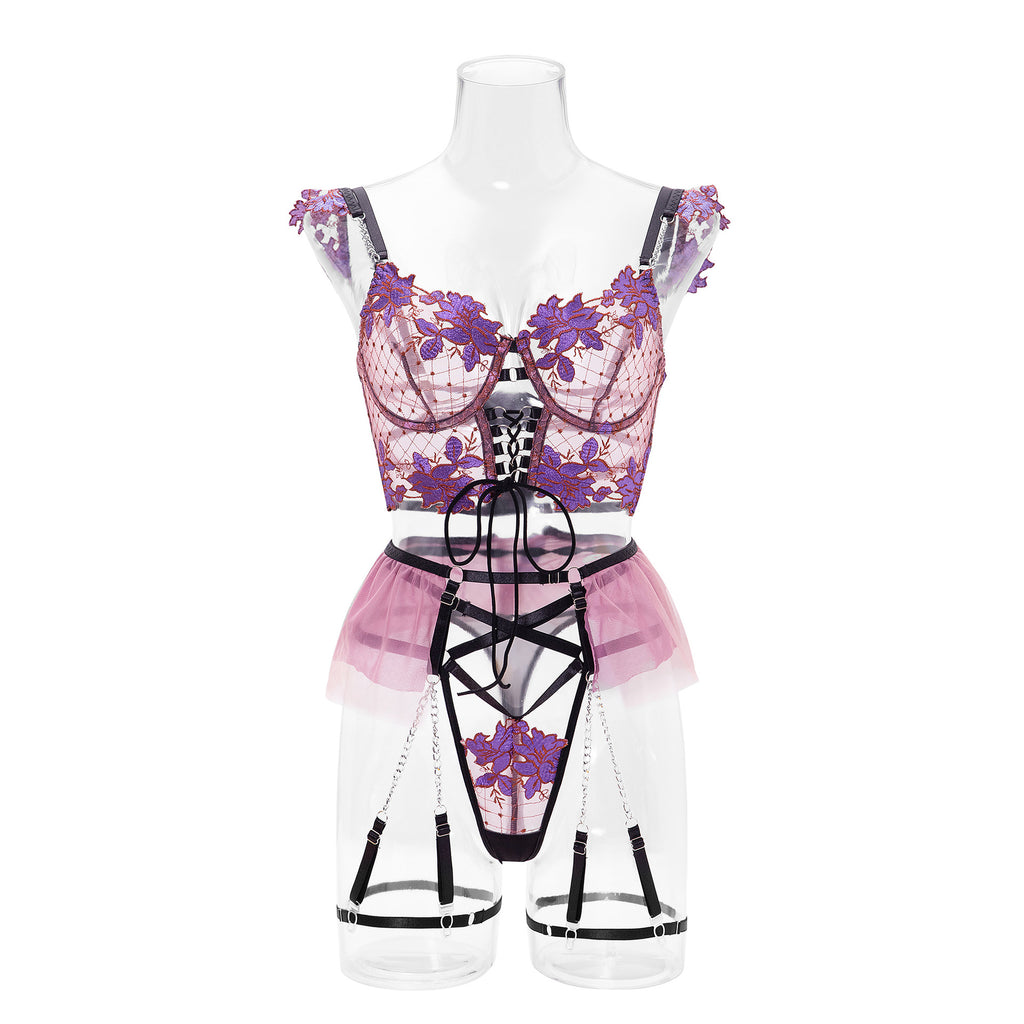 Sexy Thin Embroidery Mesh Floral Women Garter Lingerie