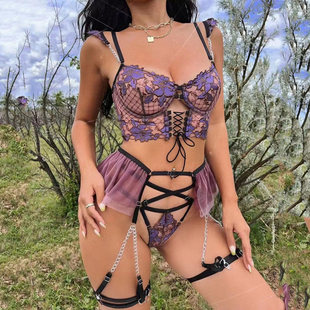 Sexy Thin Embroidery Mesh Floral Women Garter Lingerie