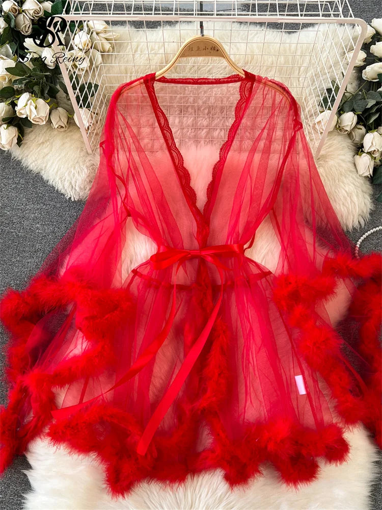 SINGREINY Sheer Lace Lingerie Robe