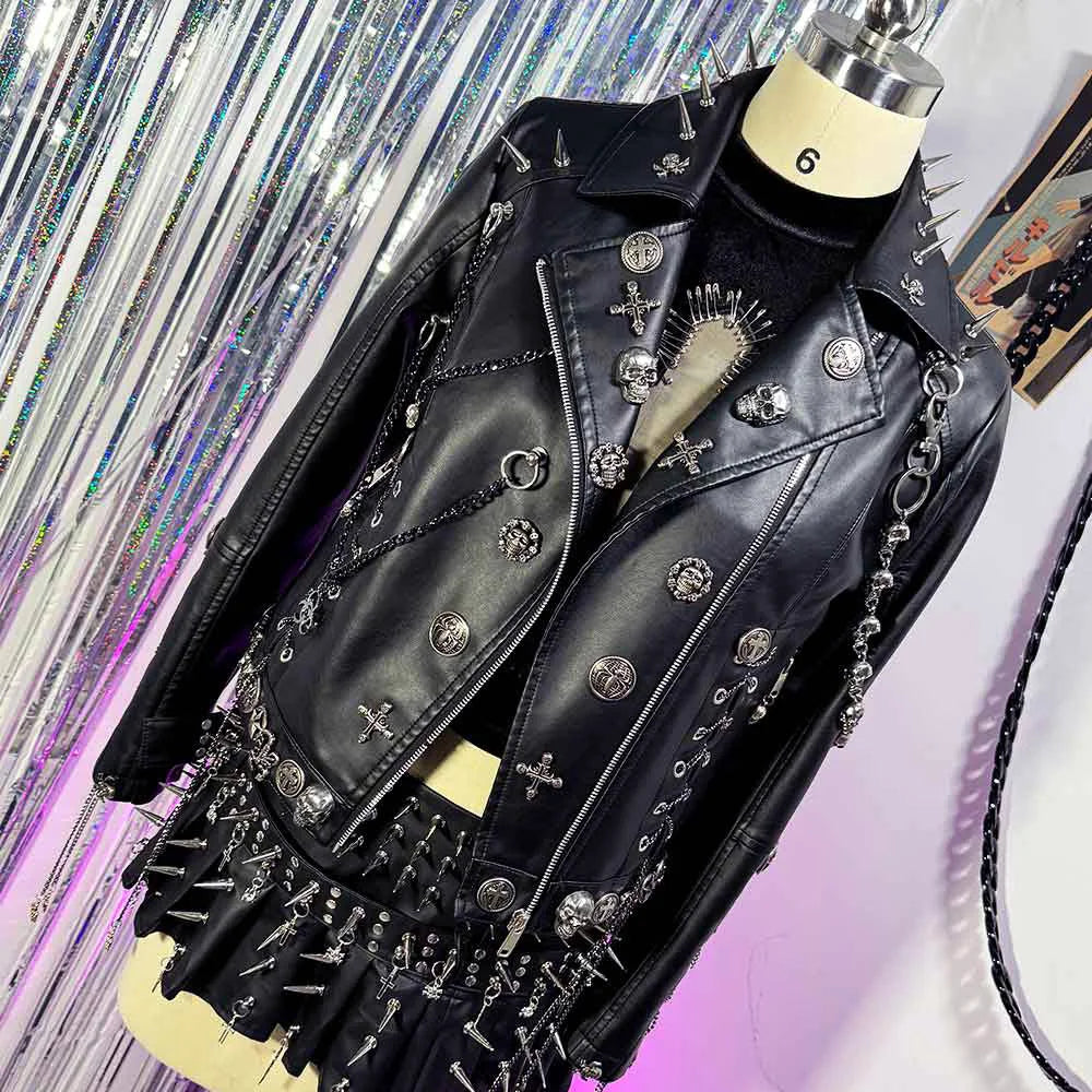 Women's Y2K Goth Black PU Leather Jacket Gothic Boho Emo Clothing with Skull Chain Punk Rock Grunge Rave Festival Coat for Teens