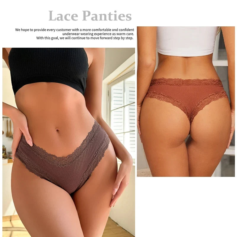 5PCS/Set Women Lace Seamless Cotton Panties Sexy Brazilian Ribbed Breathable Girls Underwear Soft Plus Size S-XL