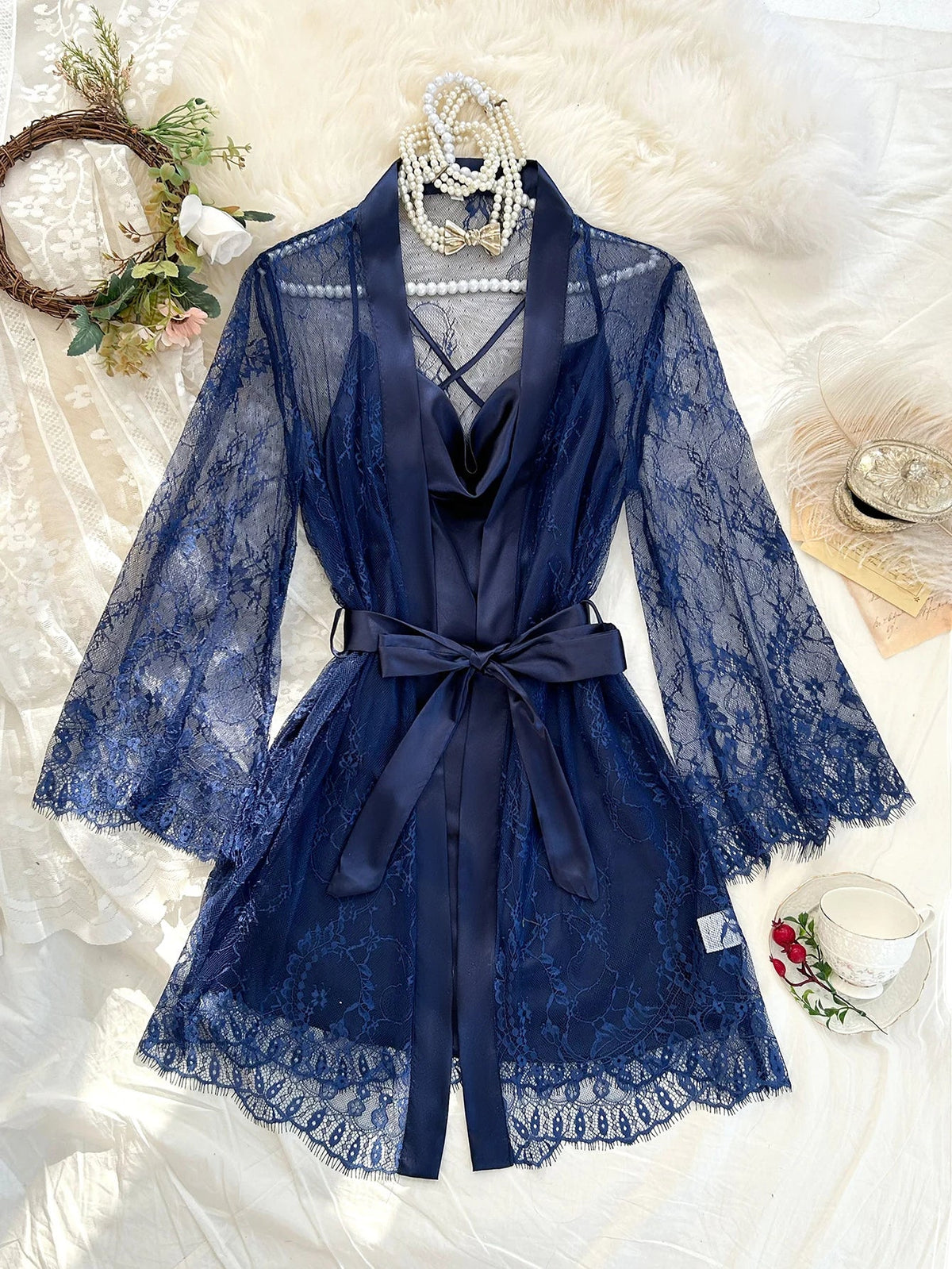 Mesh Lace Robe Nightgown Pajama Set