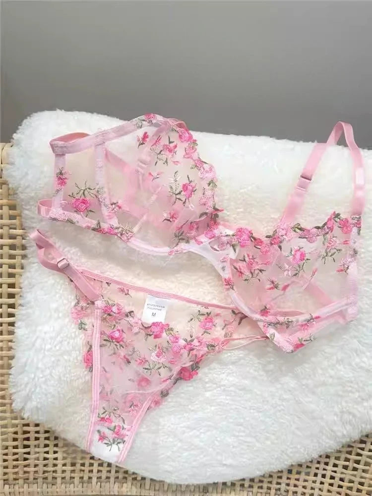 YUQI Sheer Floral Lace Lingerie Bra Set