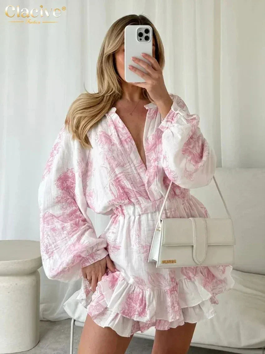 Loose Print Long Sleeve Mini Dress