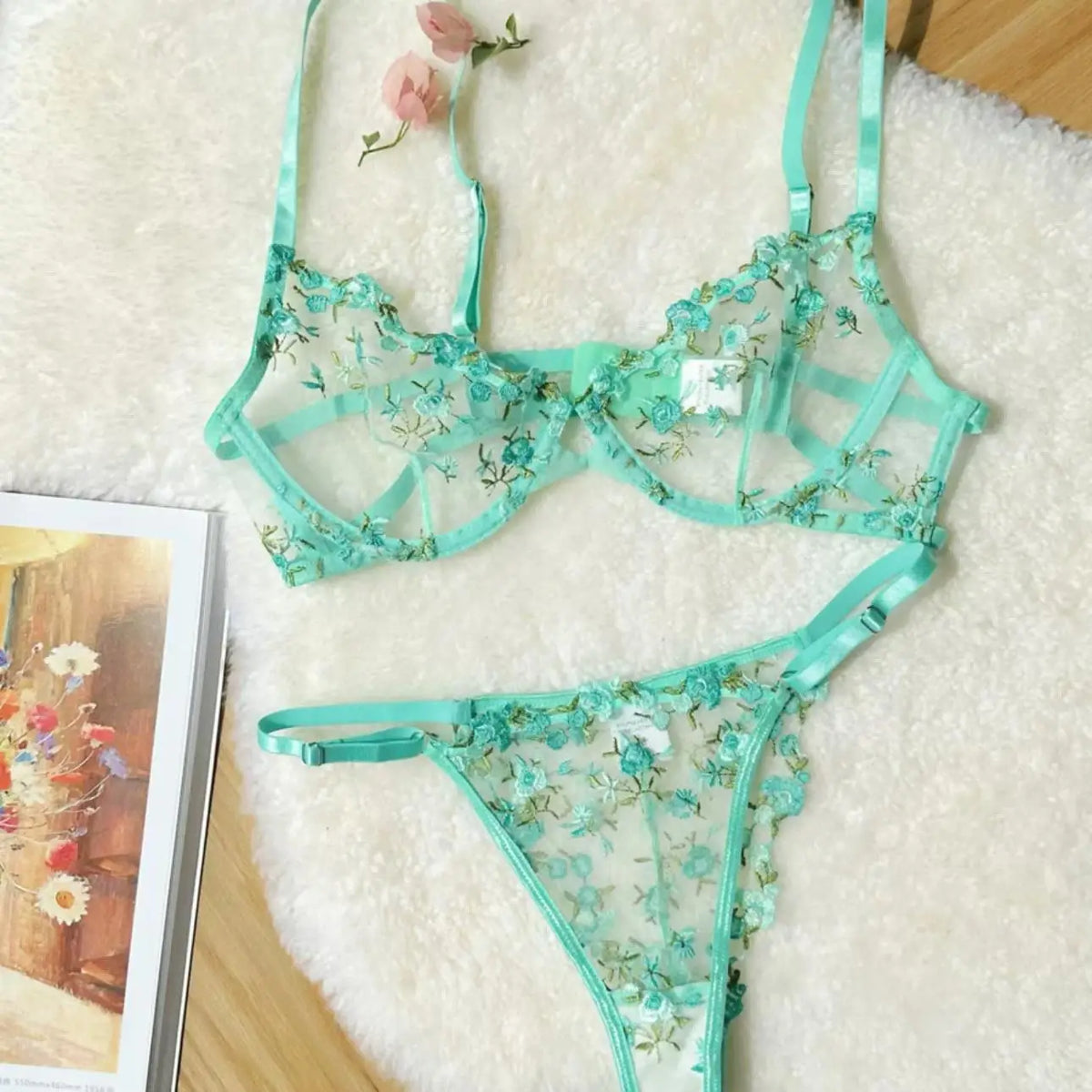 YUQI Sheer Floral Lace Lingerie Bra Set