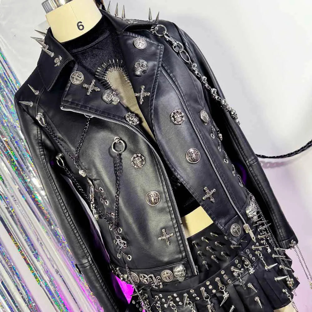 Women's Y2K Goth Black PU Leather Jacket Gothic Boho Emo Clothing with Skull Chain Punk Rock Grunge Rave Festival Coat for Teens