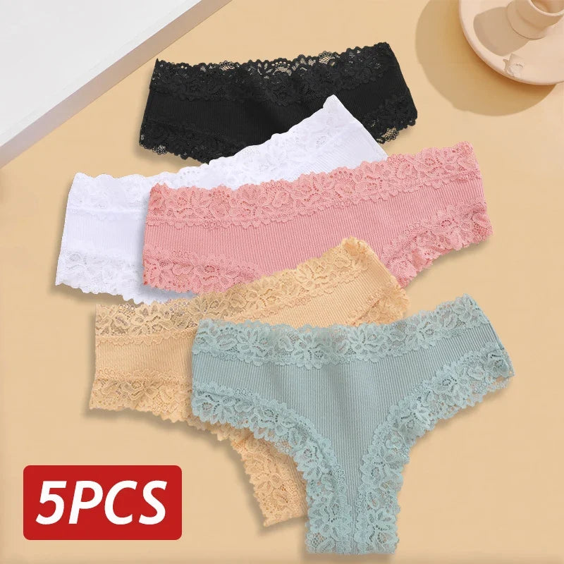 5PCS/Set Women Lace Seamless Cotton Panties Sexy Brazilian Ribbed Breathable Girls Underwear Soft Plus Size S-XL
