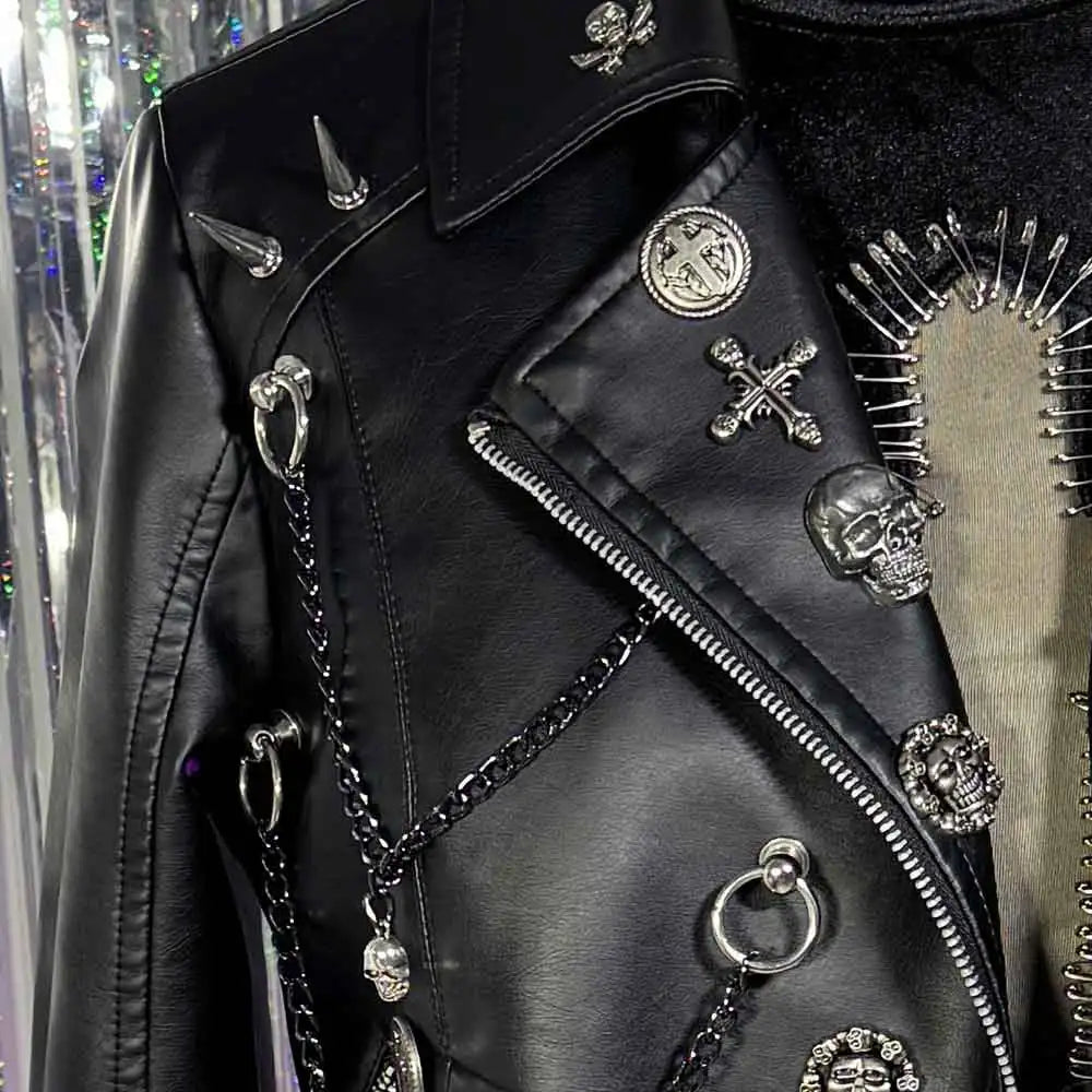 Women's Y2K Goth Black PU Leather Jacket Gothic Boho Emo Clothing with Skull Chain Punk Rock Grunge Rave Festival Coat for Teens