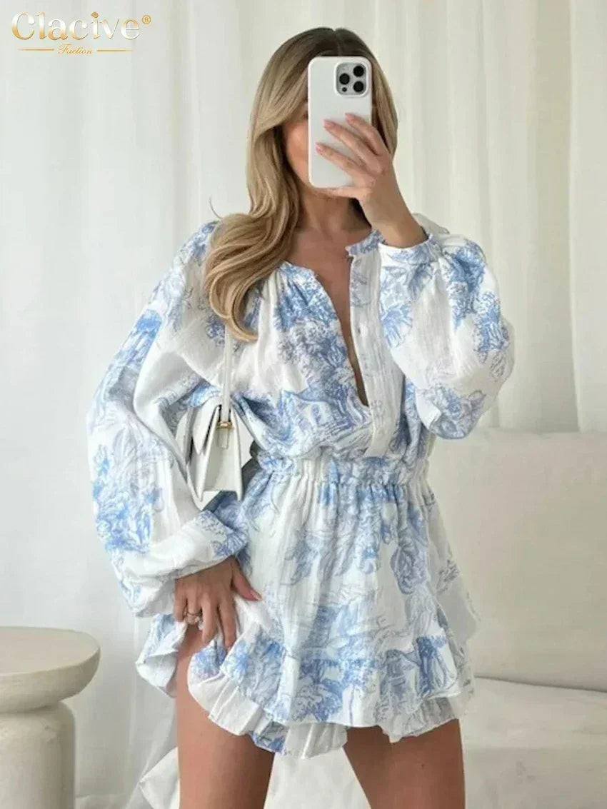Loose Print Long Sleeve Mini Dress
