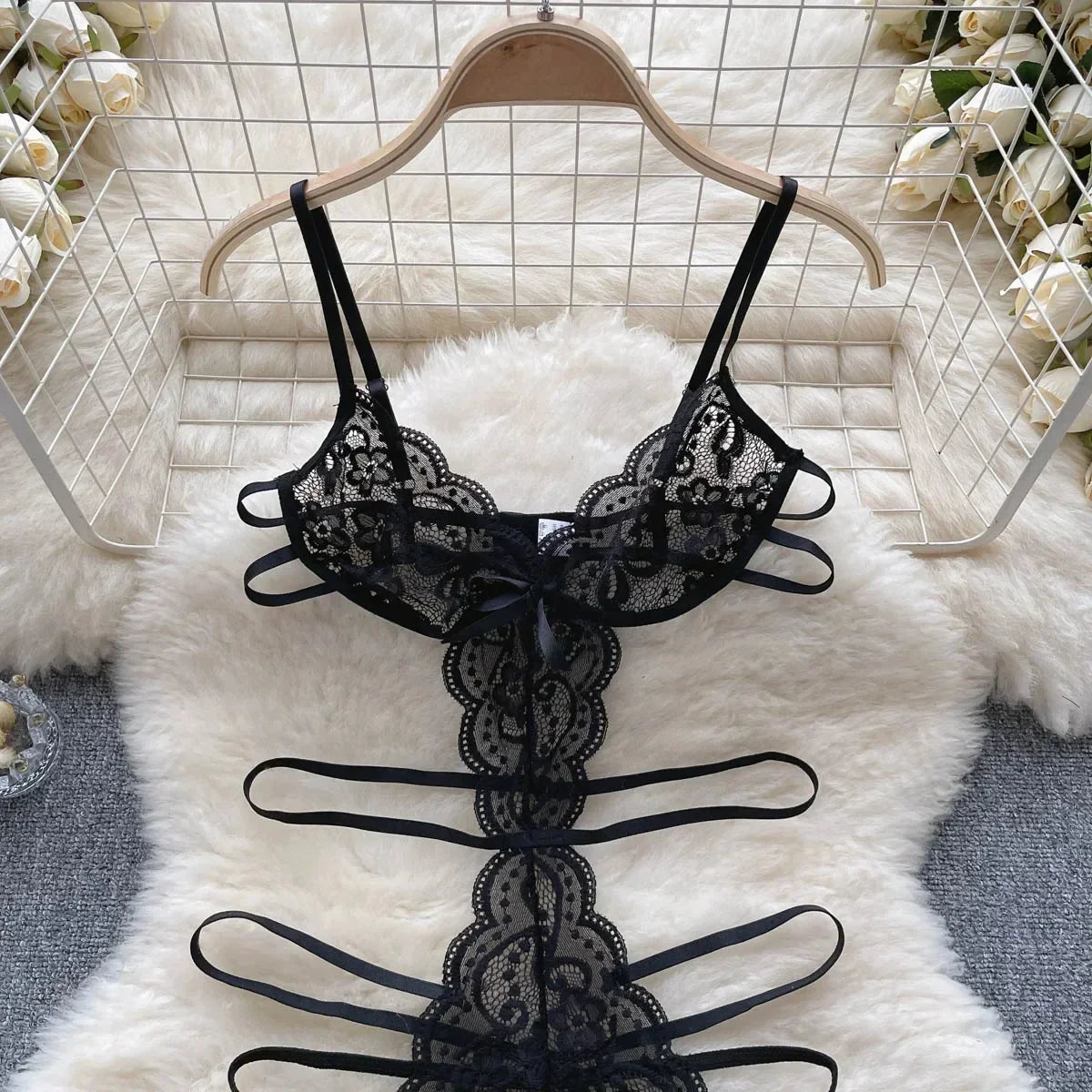 Hollow Lace Lingerie Bodysuit Set