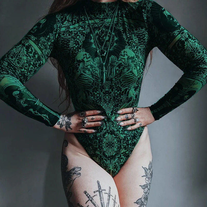 Gothic Mesh Long Sleeve Bodysuit T-Shirt