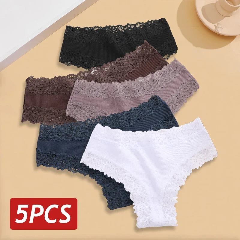 5PCS/Set Women Lace Seamless Cotton Panties Sexy Brazilian Ribbed Breathable Girls Underwear Soft Plus Size S-XL