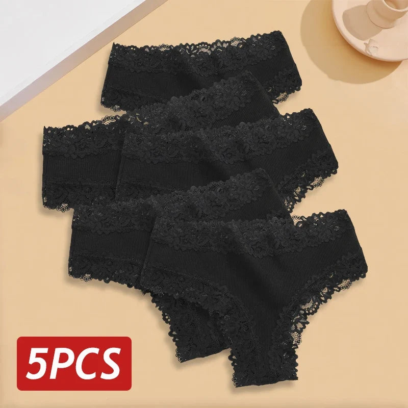 5PCS/Set Women Lace Seamless Cotton Panties Sexy Brazilian Ribbed Breathable Girls Underwear Soft Plus Size S-XL