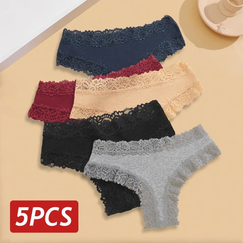 5PCS/Set Women Lace Seamless Cotton Panties Sexy Brazilian Ribbed Breathable Girls Underwear Soft Plus Size S-XL