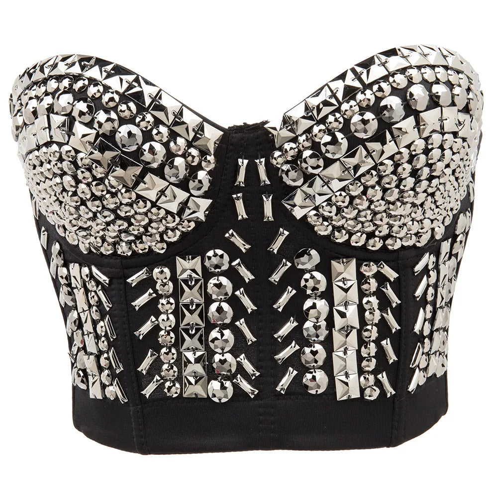 Grey Beading Gems Luxury Sexy Punk Rave Top y2k Push Up Dance Club Straps
