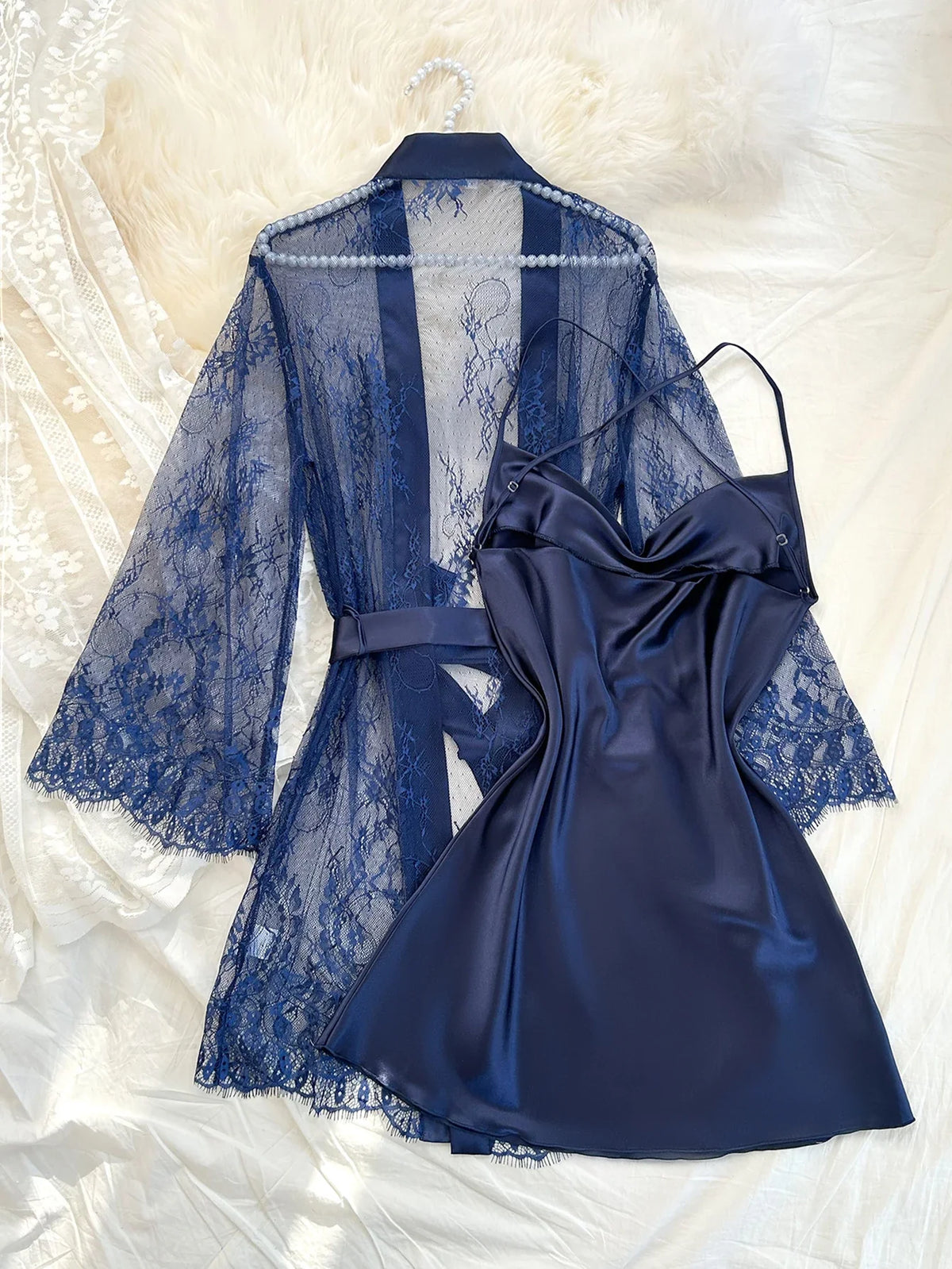Mesh Lace Robe Nightgown Pajama Set