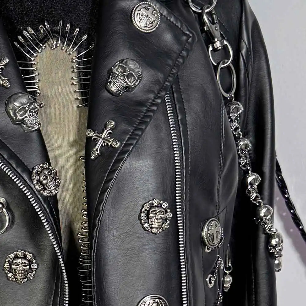 Women's Y2K Goth Black PU Leather Jacket Gothic Boho Emo Clothing with Skull Chain Punk Rock Grunge Rave Festival Coat for Teens
