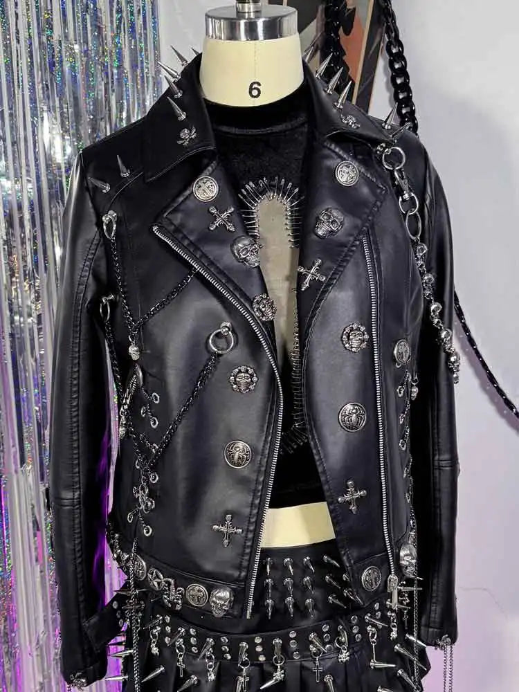 Women's Y2K Goth Black PU Leather Jacket Gothic Boho Emo Clothing with Skull Chain Punk Rock Grunge Rave Festival Coat for Teens