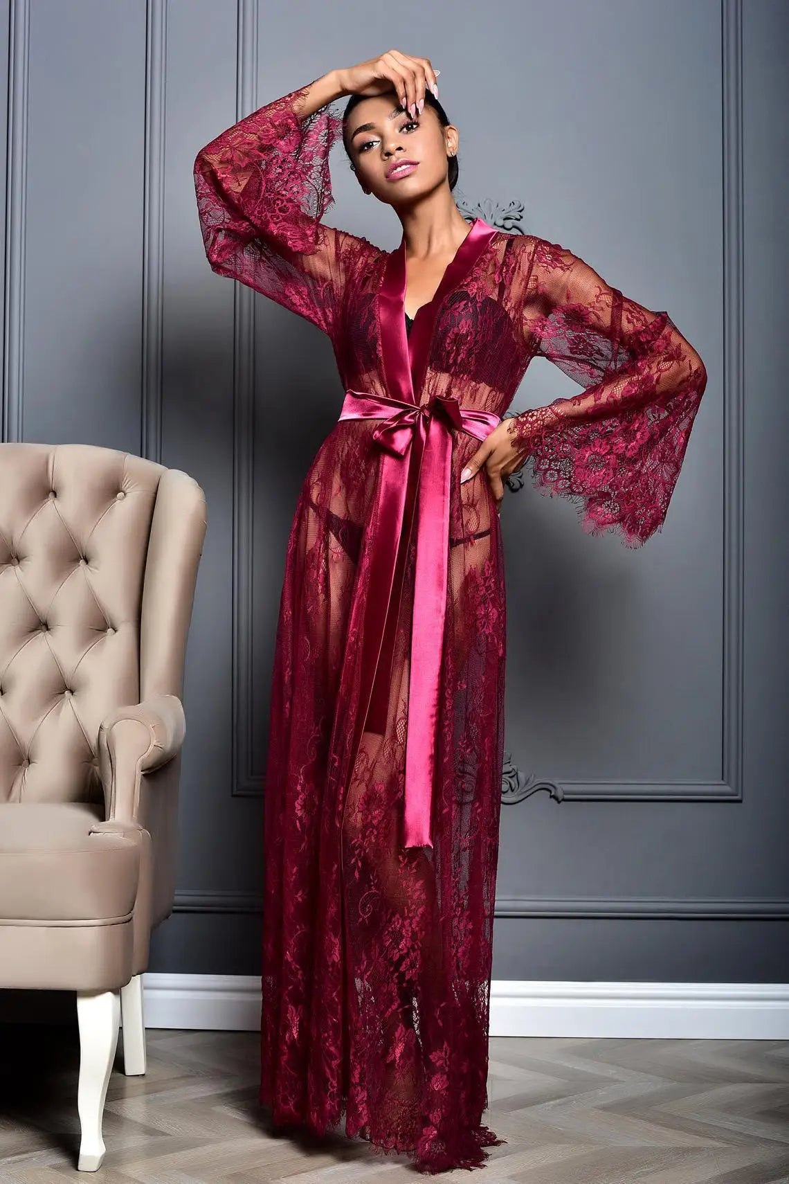 Toucheart Mesh Lace Lingerie Long Nightgown Suit