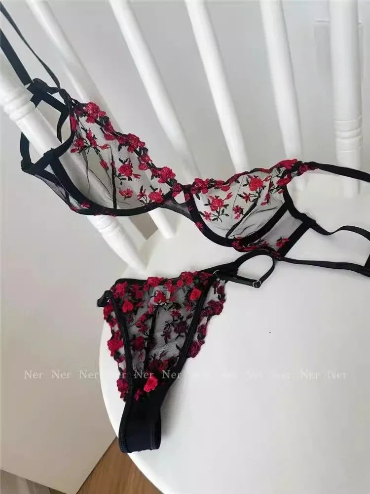 YUQI Sheer Floral Lace Lingerie Bra Set