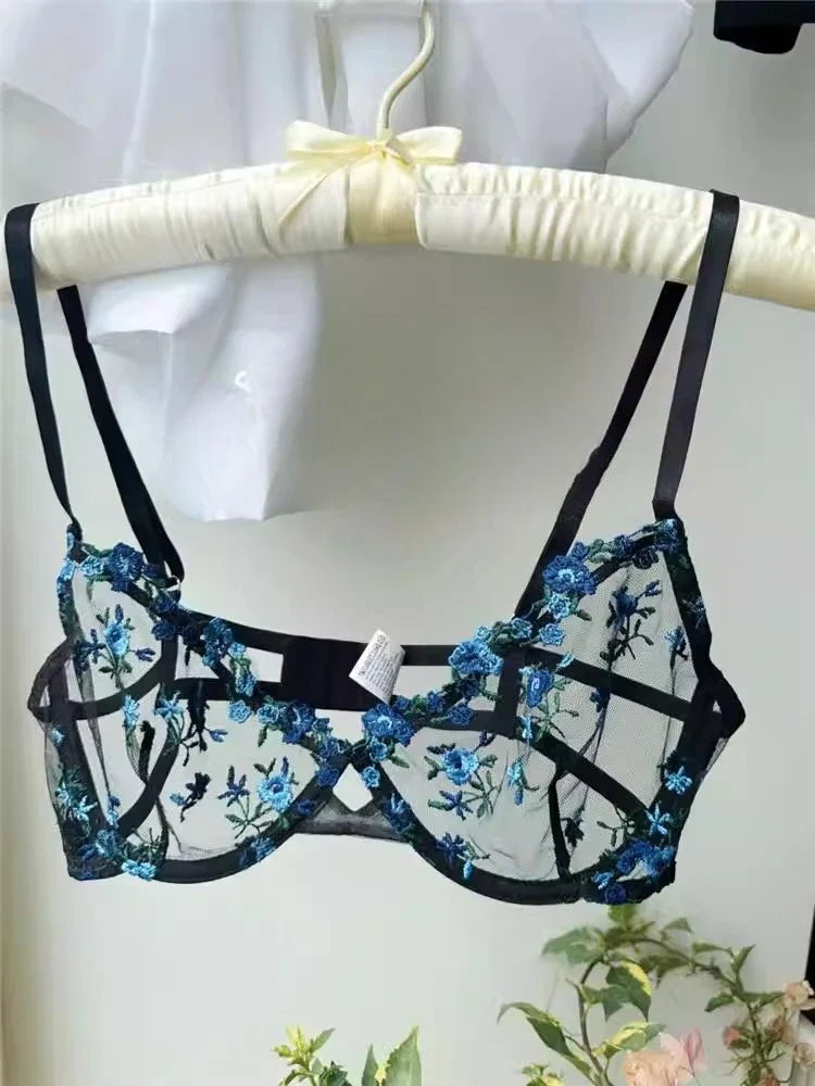 YUQI Sheer Floral Lace Lingerie Bra Set