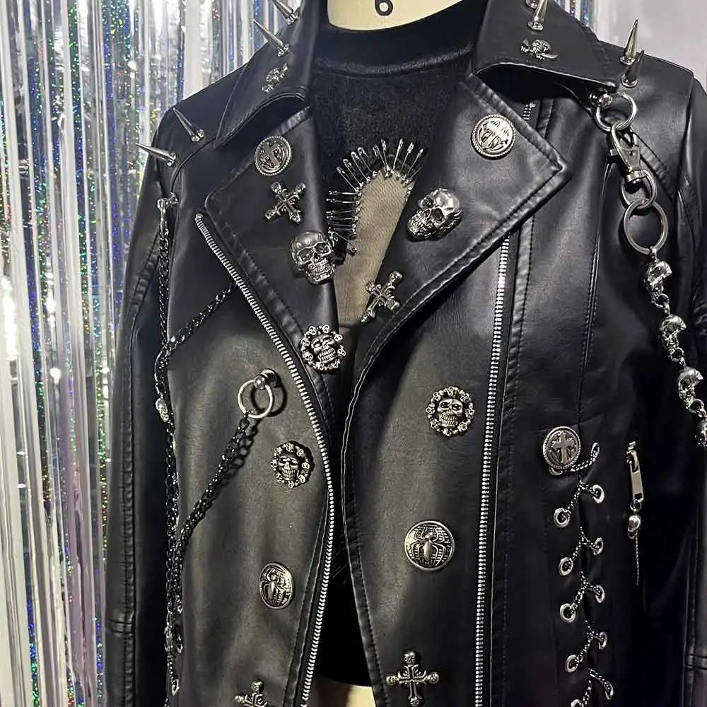 Women's Y2K Goth Black PU Leather Jacket Gothic Boho Emo Clothing with Skull Chain Punk Rock Grunge Rave Festival Coat for Teens