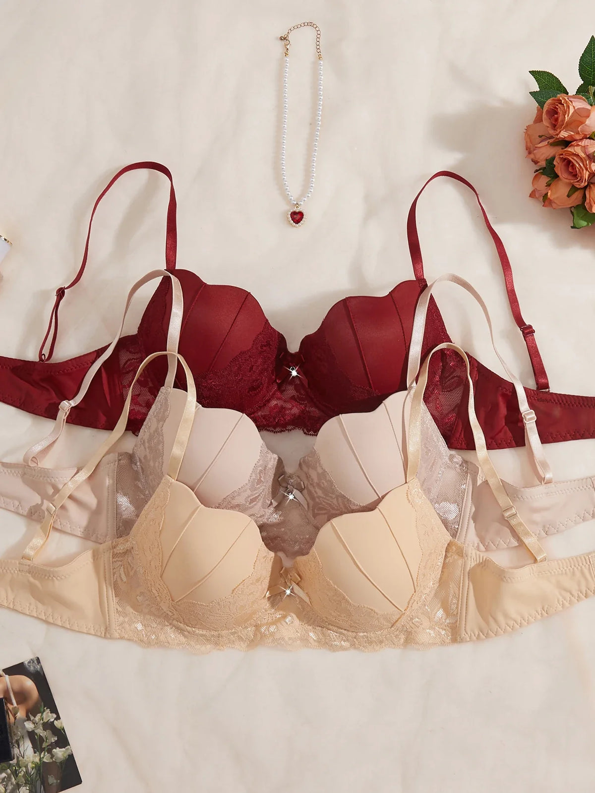 3PCS/Set Women's Floral Lace Bra Set French Underwear Comfortable Push up Bra Intimates with Rhinestone Bow