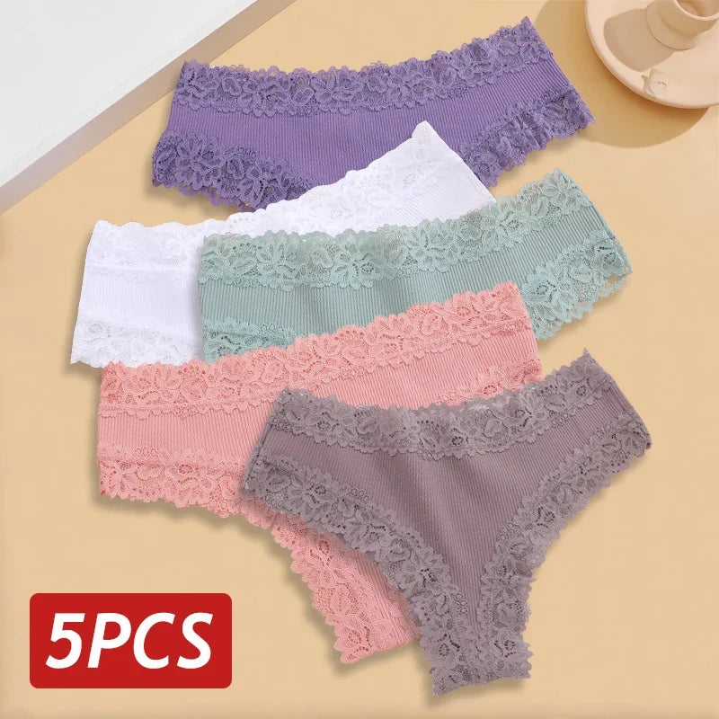 5PCS/Set Women Lace Seamless Cotton Panties Sexy Brazilian Ribbed Breathable Girls Underwear Soft Plus Size S-XL