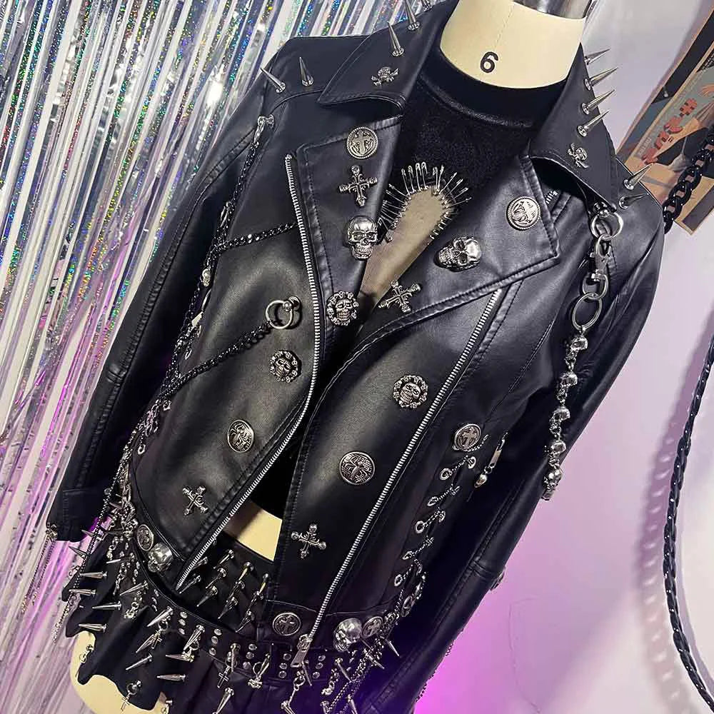 Women's Y2K Goth Black PU Leather Jacket Gothic Boho Emo Clothing with Skull Chain Punk Rock Grunge Rave Festival Coat for Teens