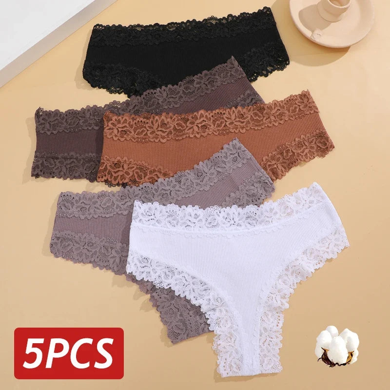 5PCS/Set Women Lace Seamless Cotton Panties Sexy Brazilian Ribbed Breathable Girls Underwear Soft Plus Size S-XL
