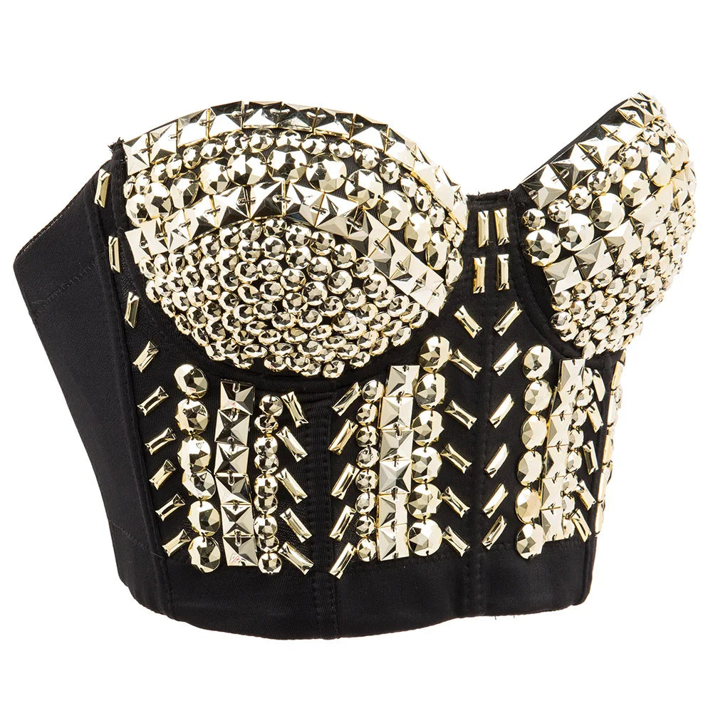 Grey Beading Gems Luxury Sexy Punk Rave Top y2k Push Up Dance Club Straps