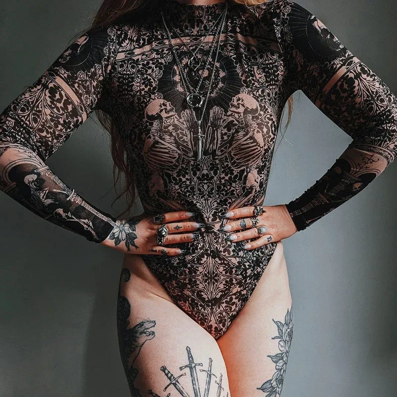 Gothic Mesh Long Sleeve Bodysuit T-Shirt
