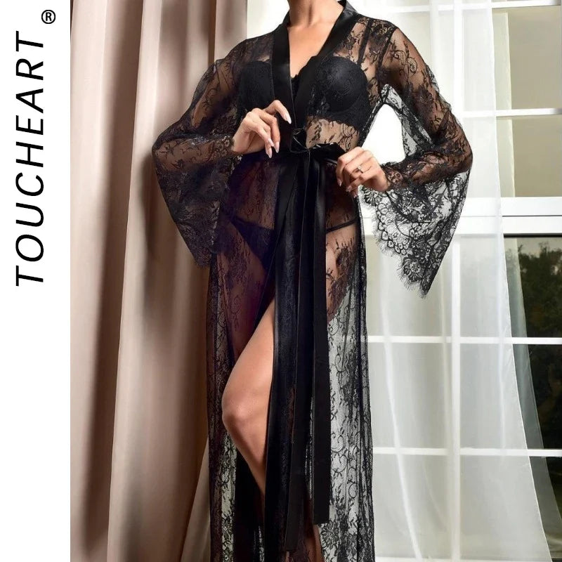 Toucheart Mesh Lace Lingerie Long Nightgown Suit