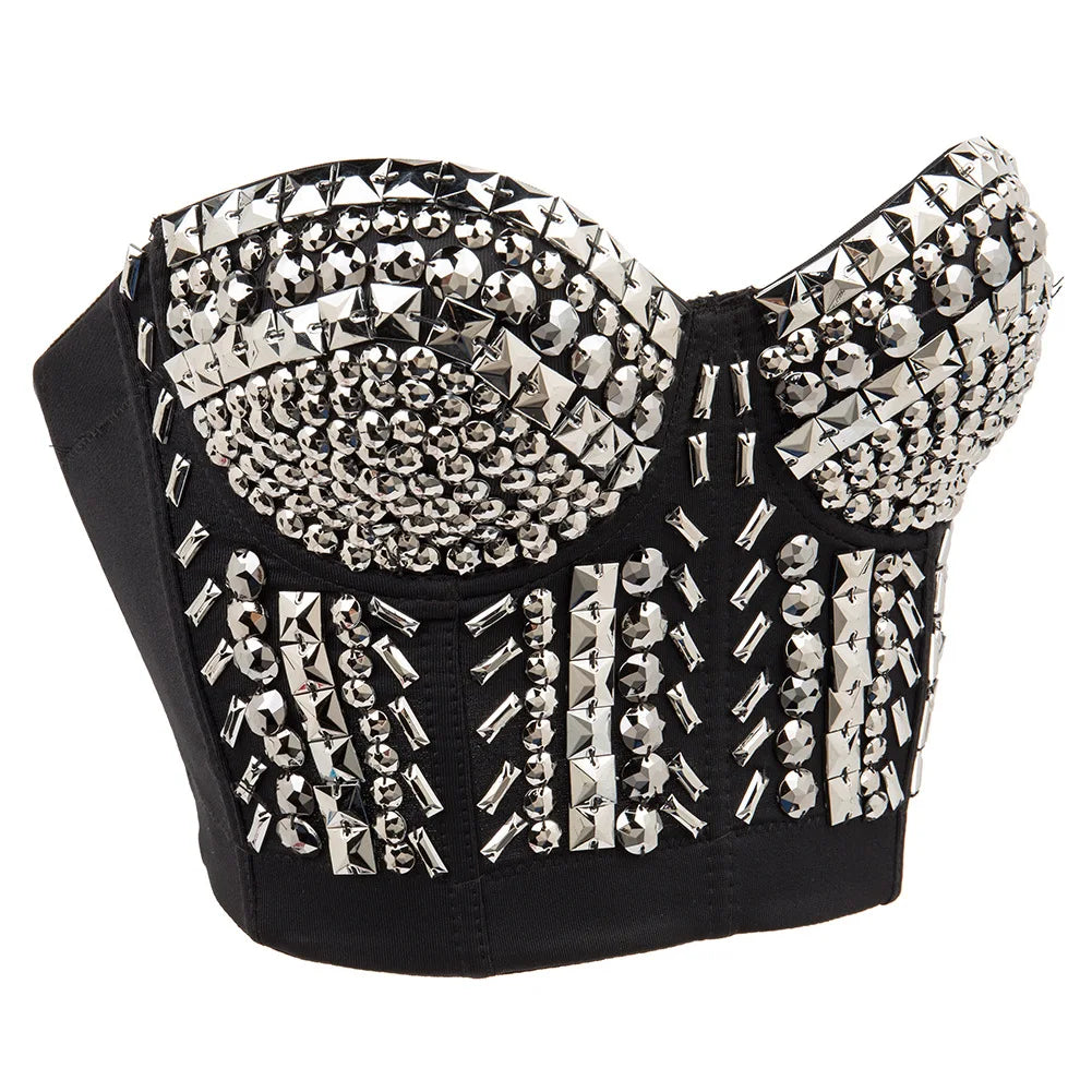 Grey Beading Gems Luxury Sexy Punk Rave Top y2k Push Up Dance Club Straps