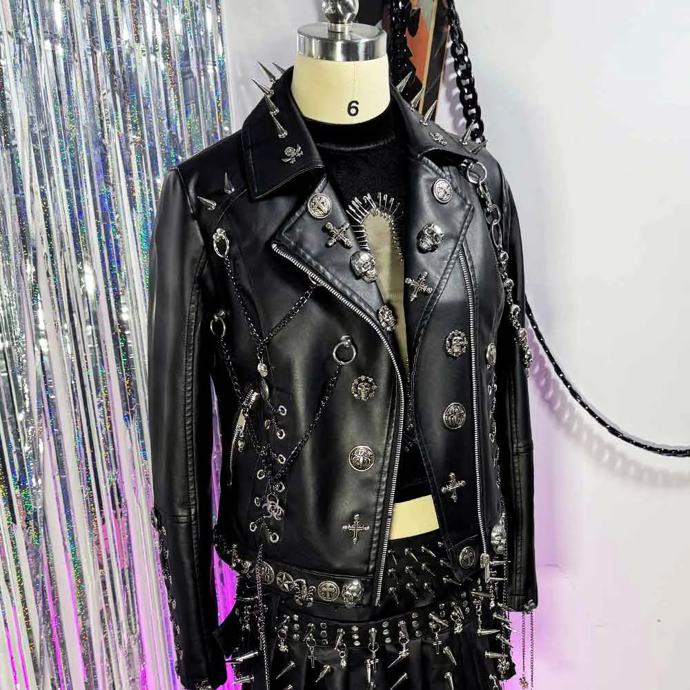Women's Y2K Goth Black PU Leather Jacket Gothic Boho Emo Clothing with Skull Chain Punk Rock Grunge Rave Festival Coat for Teens
