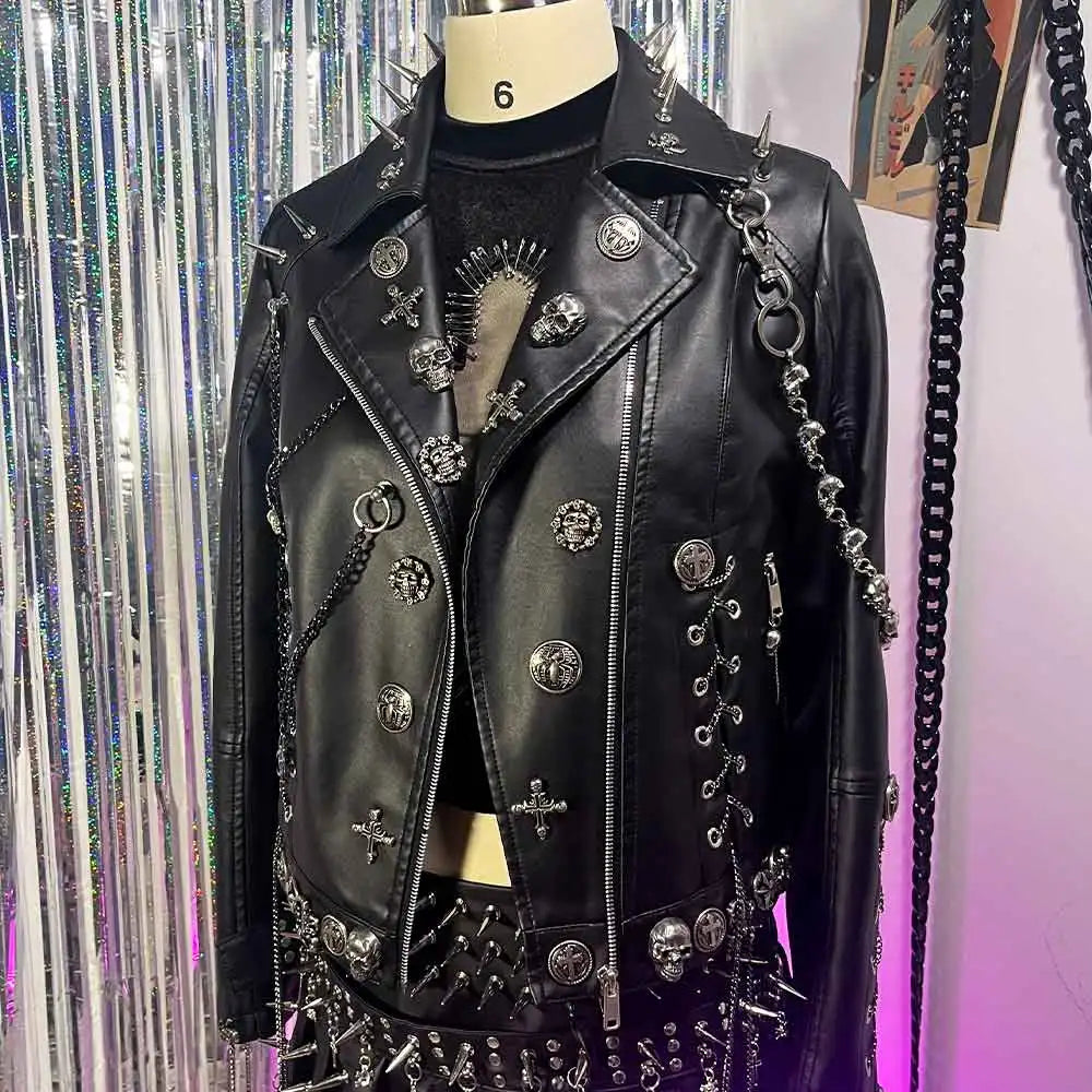 Women's Y2K Goth Black PU Leather Jacket Gothic Boho Emo Clothing with Skull Chain Punk Rock Grunge Rave Festival Coat for Teens