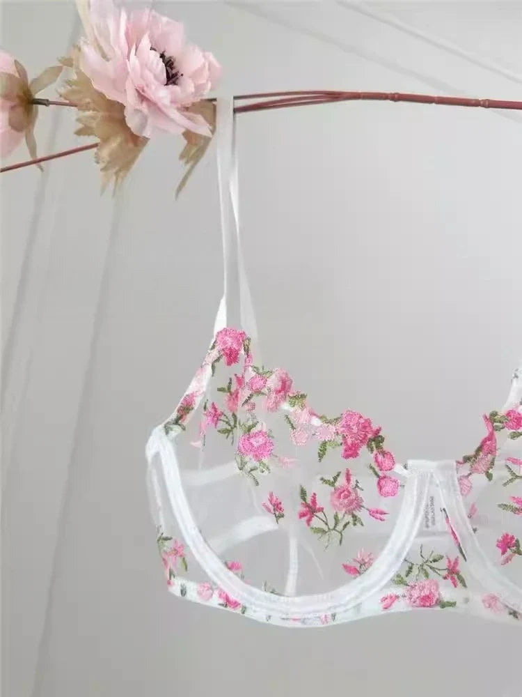 YUQI Sheer Floral Lace Lingerie Bra Set